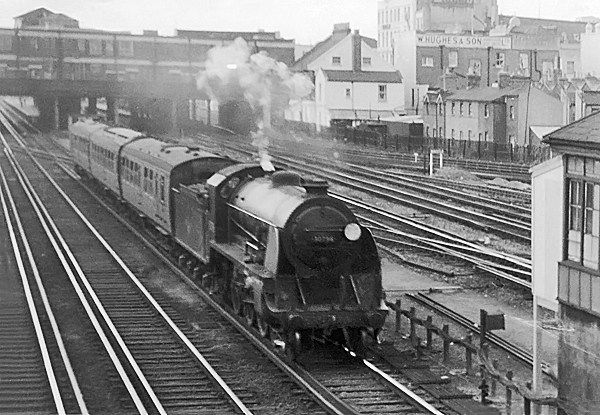 Photo of King Arthur Class 4-6-0 30796 on a Waterloo to Basingstoke train 
<br>
passing Wimbledon in 1962
