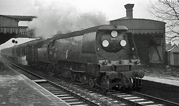 Photo of Bulleid Battle of Britain Class pacific number 34055, Fighter Pilot,  passing Selsdon station  with a Brighton to London train, most likely the 07.35 ex Brighton, (via Oxted at 09.11), probably in winter 1961/62