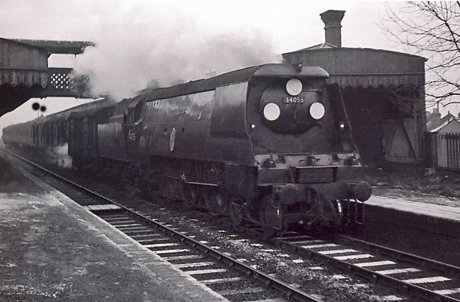 Photo of Bulleid Battle of Britain Class pacific number 34055, Fighter Pilot,  passing Selsdon station  with a Brighton to London train, most likely the 07.35 ex Brighton, (via Oxted at 09.11), probably in winter 1961/62