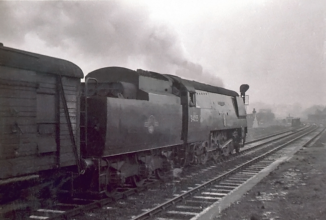 Photo of Bulleid Battle of Britain Class pacific number 34055, Fighter Pilot,  passing Selsdon station  with a Brighton to London train, most likely the 07.35 ex Brighton, (via Oxted at 09.11), probably in winter 1961/62