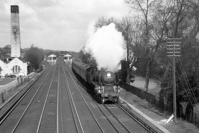 Photo of Bulleid Battle of Britain Class pacific number 34077, 603 Squadron, heading a Victoria to Dover or Folkestone  boat train through Shortlands, near Bromley South, in the first half of 1961