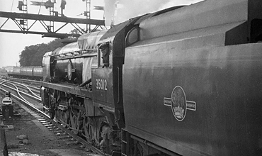 Photo of Bulleid Bulleid Merchant Navy Class pacific number 35012, United States Lines, just about to leave Southampton with the 16.35 Waterloo to Weymouth train, the down Royal Wessex, with Nine Elms top link driver Dick Turpin at the controls on 6th September 1962