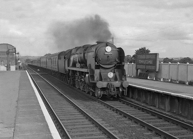 Photo of Bulleid West Country Class pacific number 34005, Barnstaple, heading  a West of England express train from London, Waterloo, through Templecombe in early September 1962