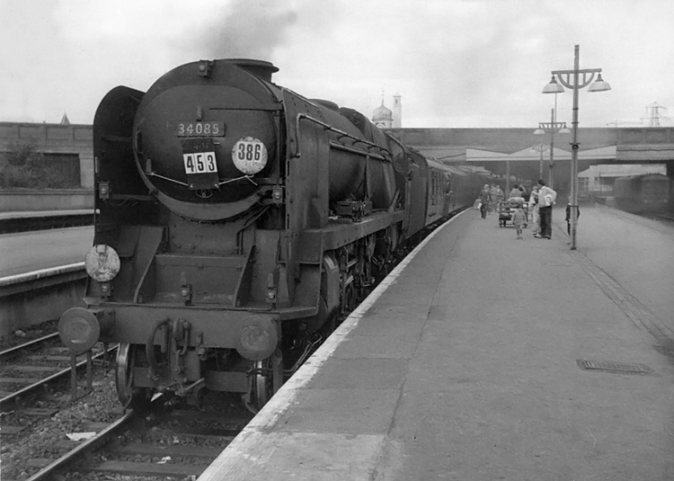 Photo of Bulleid Battle of Britain Class pacific number 34085, 501 Squadron, at Southampton Central station after arrival from London, Waterloo with a Bournemouth train in the mid 1960s