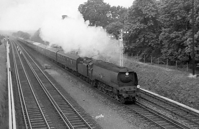 Photo of original Bulleid West Country  Class pacific number 34103, Calstock, heading along between Byfleet and Weybridge on a special boat train working  from Southampton Docks to LOndon, Waterloo via Millbrook on the mid 1960s