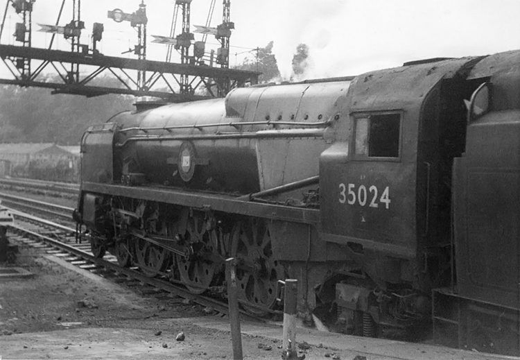 Photo of Bulleid Merchant Navy  Class pacific number 35024, East Asiatic Company, at Southampton Central whilst working a London, Waterloo, to Bournemouth train in the mid 1960s