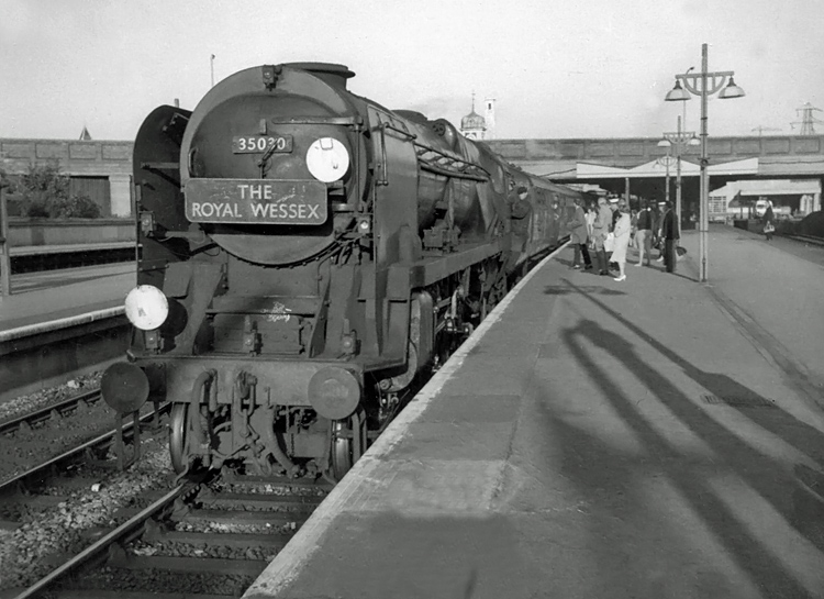 Photo of Bulleid Bulleid Merchant Navy Class pacific number 35030, Elder Dempster Lines, arriving at Southampton with the 16.35 Waterloo to Weymouth train, the down Royal Wessex in the mid 1960s
