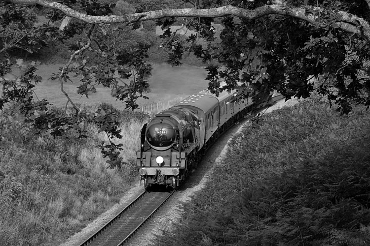 Photo of Bulleid West Country Class pacific number 34028, Eddystone, climbing to Harmans Cross whilst working a train from Swanage to Norden on 18th August 2010