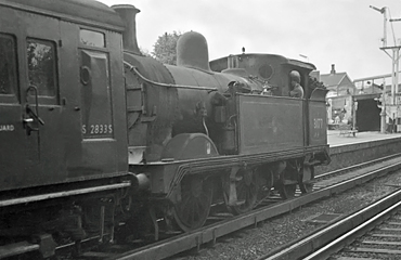 Photo of H class 0-4-4 tank loco number 31177 on the stock of the Westerham Branch line train at Sevenoaks on 3rd June 1961