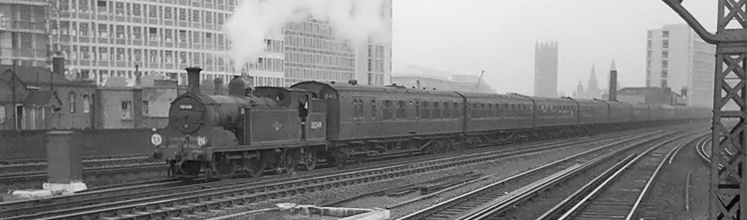 Photo of M7 Class 0-4-4 tank loco on an empty stock working from Waterloo, approaching Vauxhall. 1962.