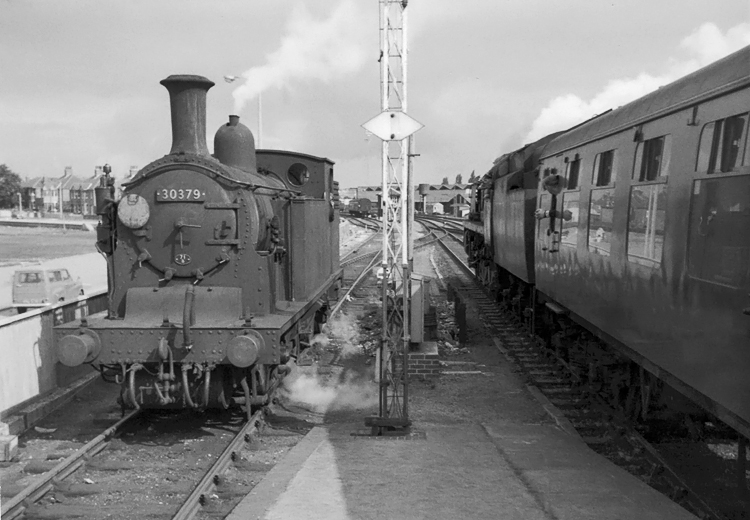 Photo of M7 Class 0-4-4 tank loco 30379 at Poole on 8th September 1962