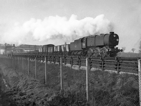 Photo of Q1 Class 0-6-0 33001on goods train near Raynes Park in Spring 1962