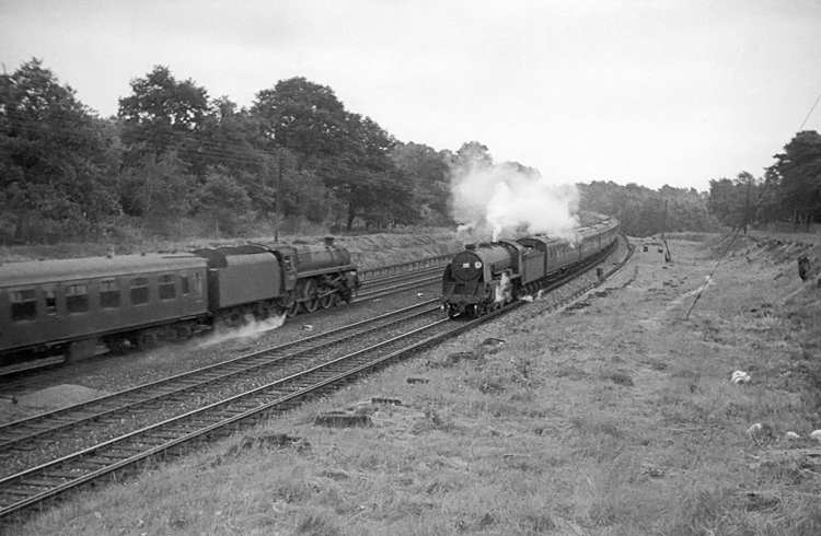 Photo of Maunsell S15 class 4-6-0 number  30835 on a down Basingstoke local train meeting BR Standard 5 class 4-6-0 number 73085 on an up passenger train, (due Waterloo 16.50),  between Milepost 31 and Pirbight Junction on 11th August 1962